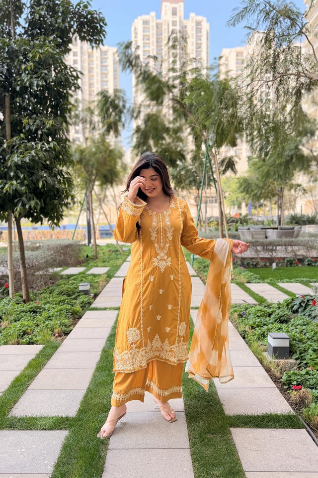 Mustard Embroidered Silk Palazzo Suit (ACA7883)