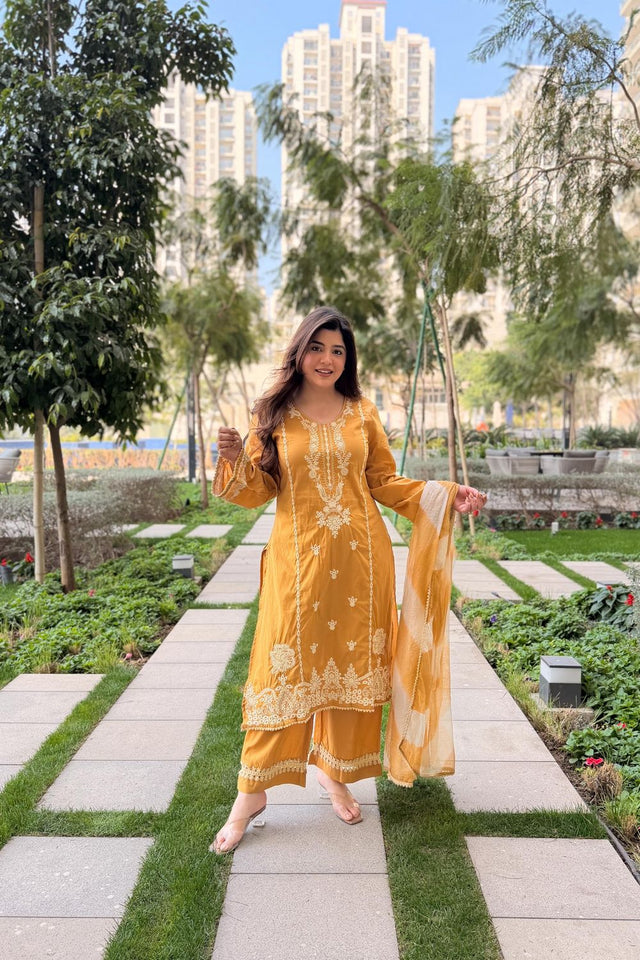 Mustard Embroidered Silk Palazzo Suit (ACA7883)