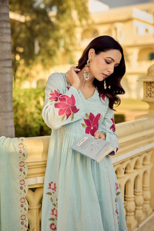 Blue Floral Embroidered Georgette Anarkali Suit (ACA7885)