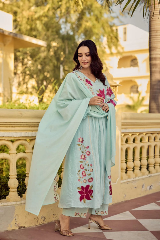 Blue Floral Embroidered Georgette Anarkali Suit (ACA7885)
