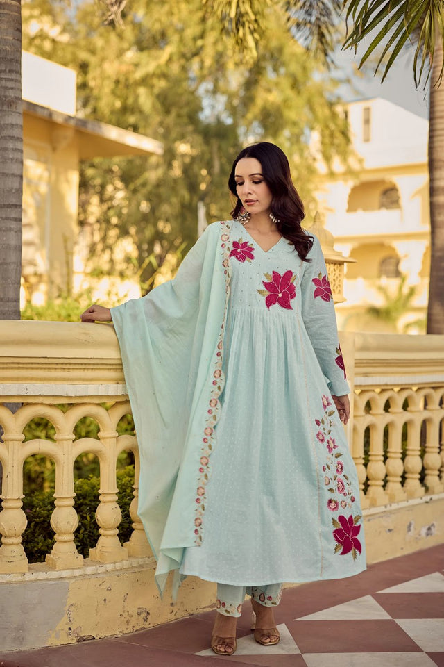 Blue Floral Embroidered Georgette Anarkali Suit (ACA7885)