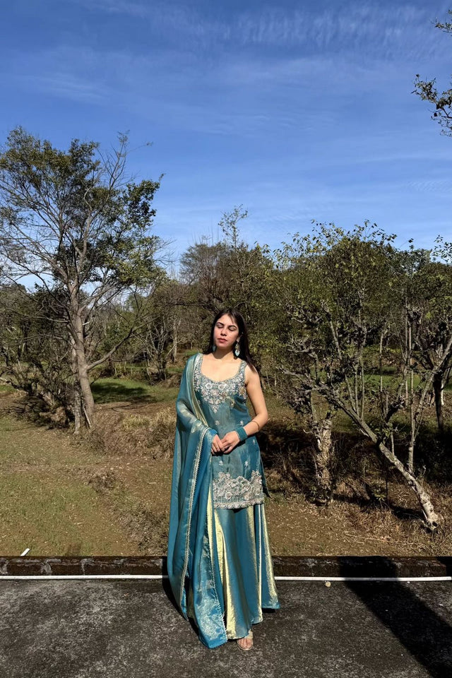 Blue Floral Embroidered Satin Palazzo Suit (ACA7887)