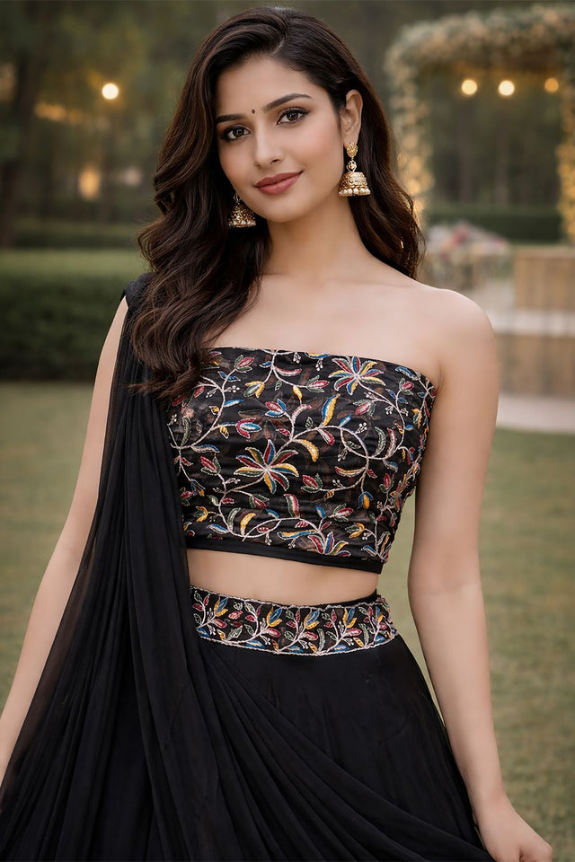 Black Embroidered Silk Lehenga (ACA7903)