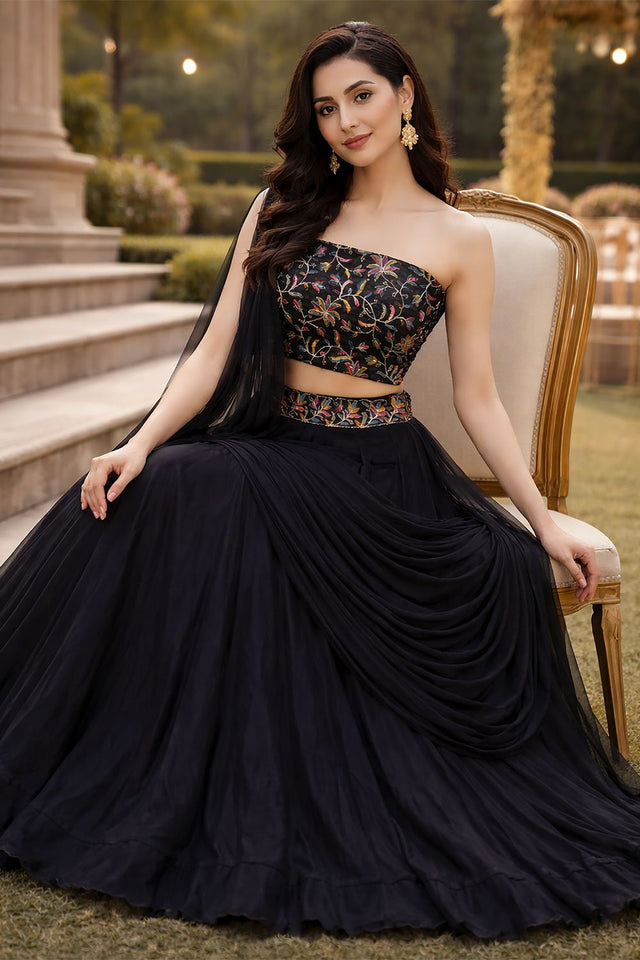 Black Embroidered Silk Lehenga (ACA7903)