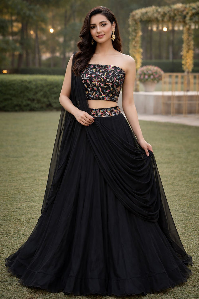 Black Embroidered Silk Lehenga (ACA7903)