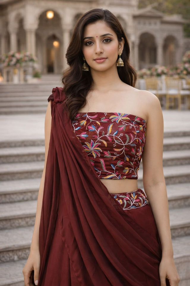 Brown Embroidered Silk Lehenga (ACA7905)