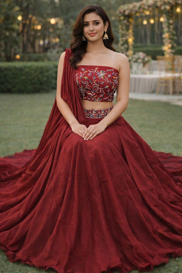 Maroon Embroidered Silk Lehenga (ACA7906)