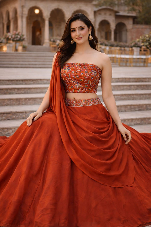 Orange Embroidered Silk Lehenga (ACA7907)