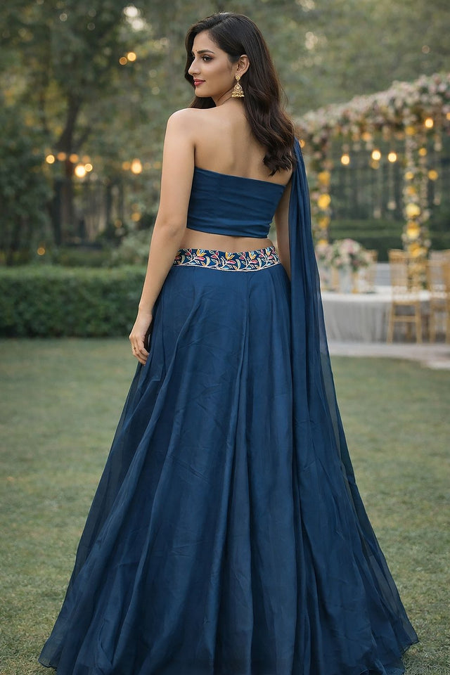 Turquoise Embroidered Silk Lehenga (ACA7909)