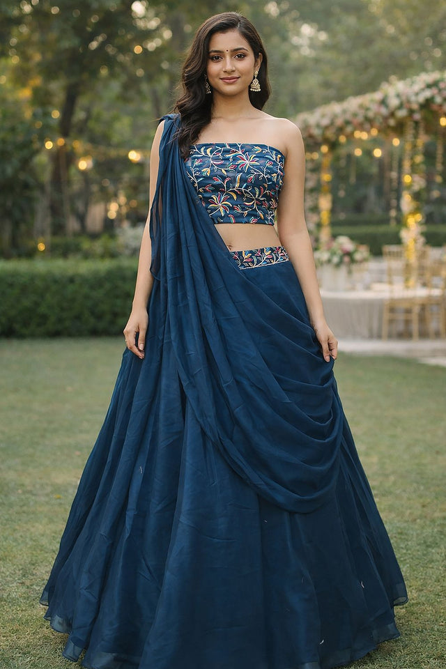 Turquoise Embroidered Silk Lehenga (ACA7909)