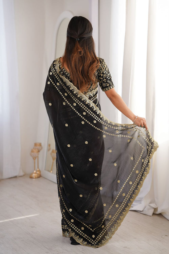 Black Sequin With Floral Embroidered Saree (ACA7924)