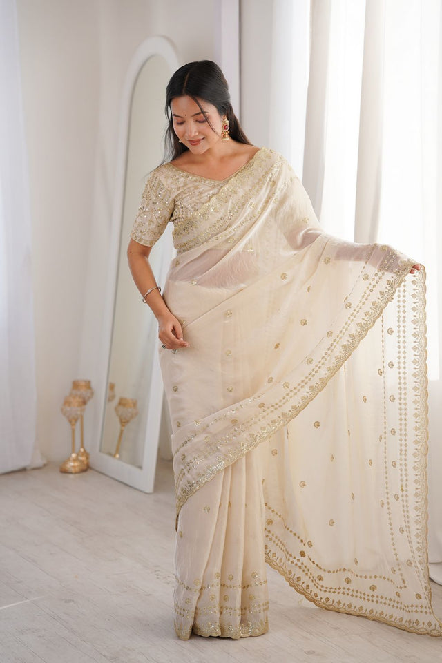 Cream Sequin With Floral Embroidered Saree (ACA7925)