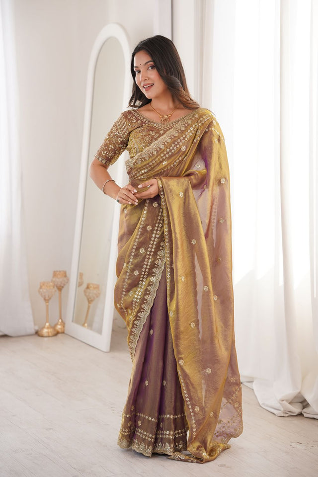 Gold Sequin With Floral Embroidered Saree (ACA7926)