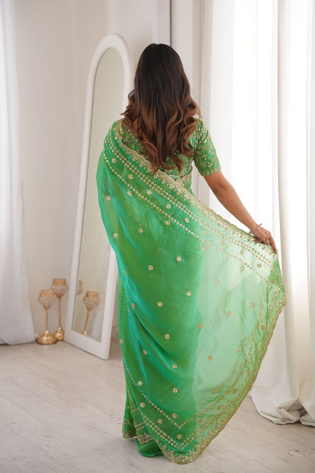 Dark Green Sequin With Floral Embroidered Saree (ACA7929)
