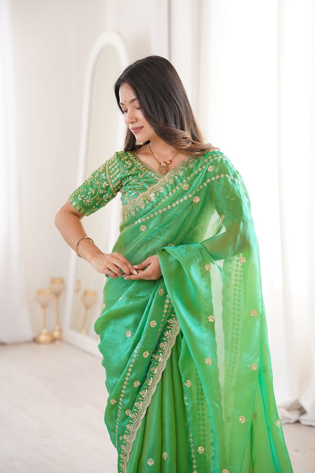 Dark Green Sequin With Floral Embroidered Saree (ACA7929)