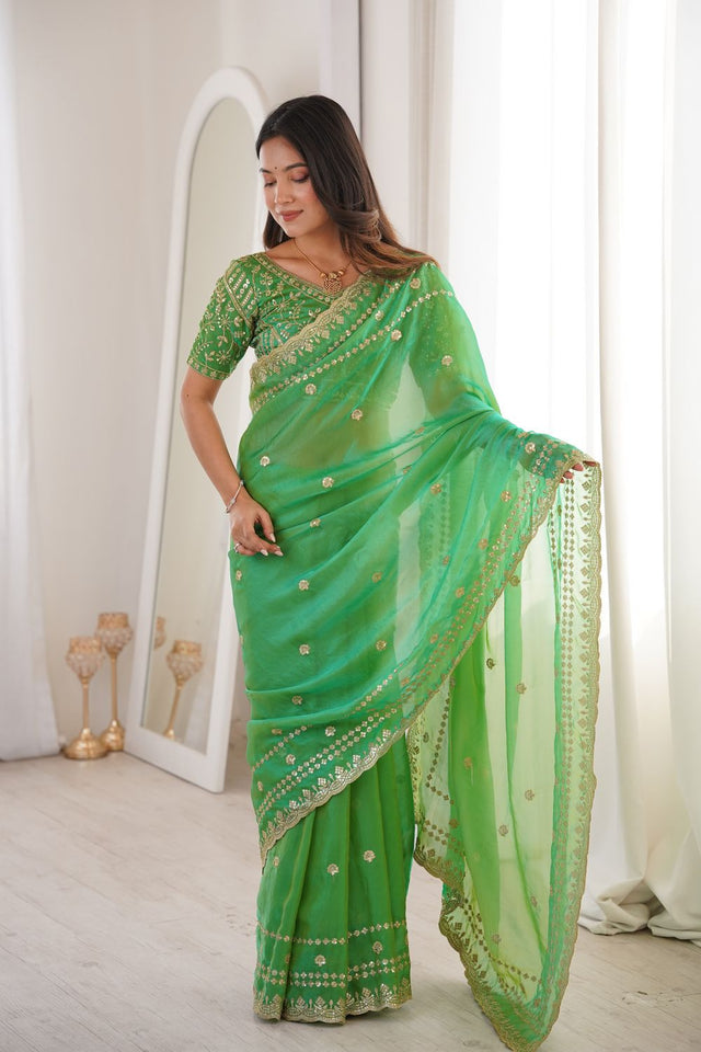 Dark Green Sequin With Floral Embroidered Saree (ACA7929)