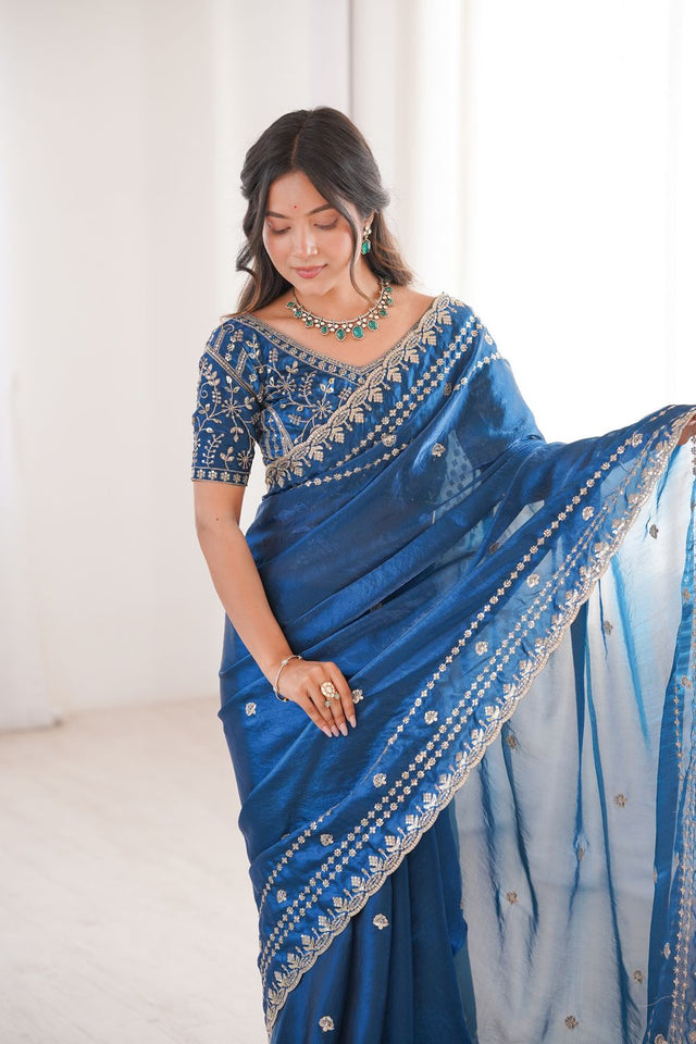 Turquoise Sequin With Floral Embroidered Saree (ACA7930)