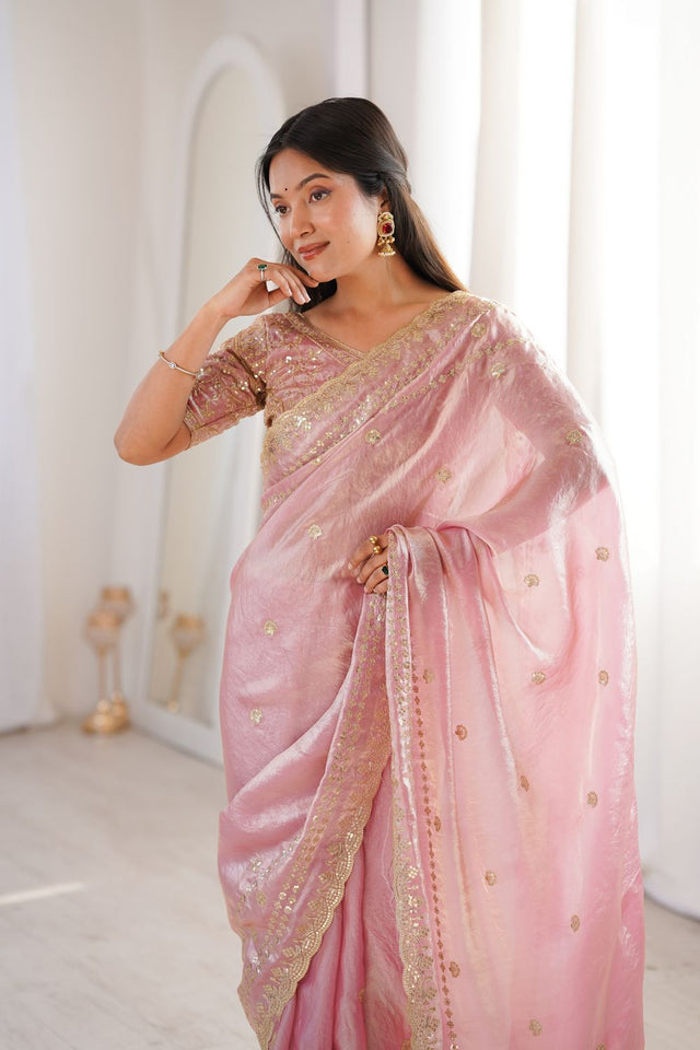 Pink Sequin With Floral Embroidered Saree (ACA7931)