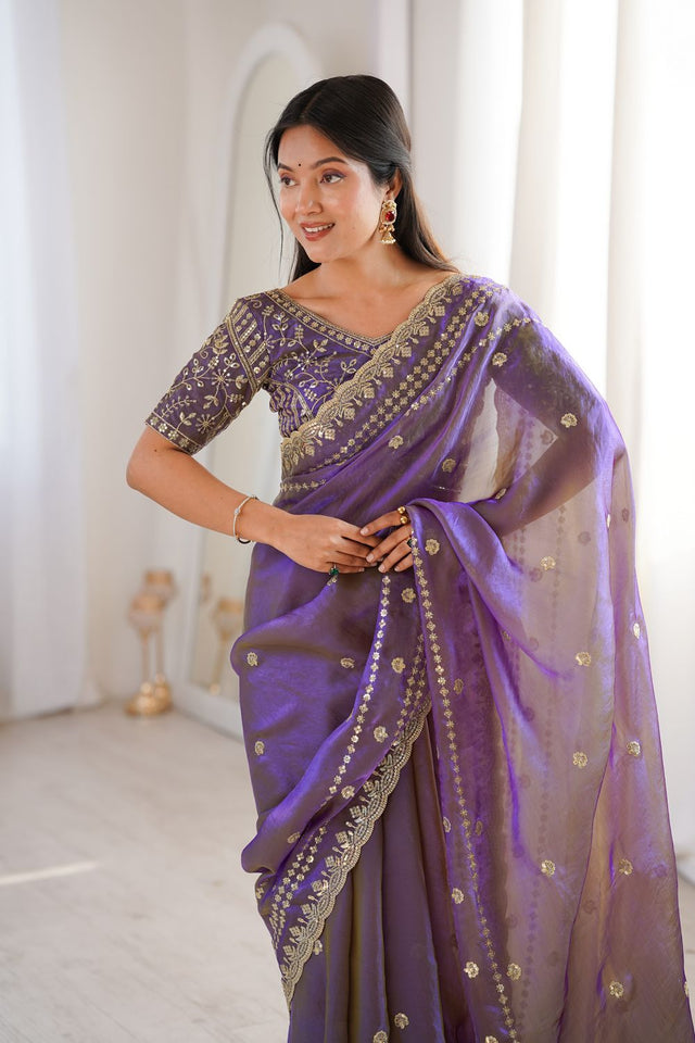Violet Sequin With Floral Embroidered Saree (ACA7932)