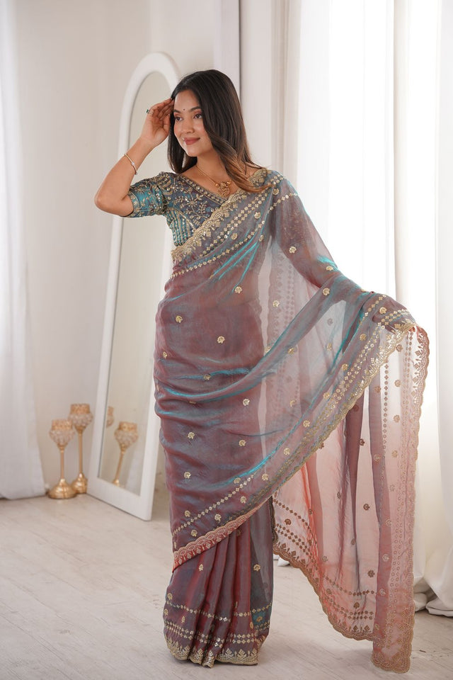 Mauve Sequin With Floral Embroidered Saree (ACA7933)