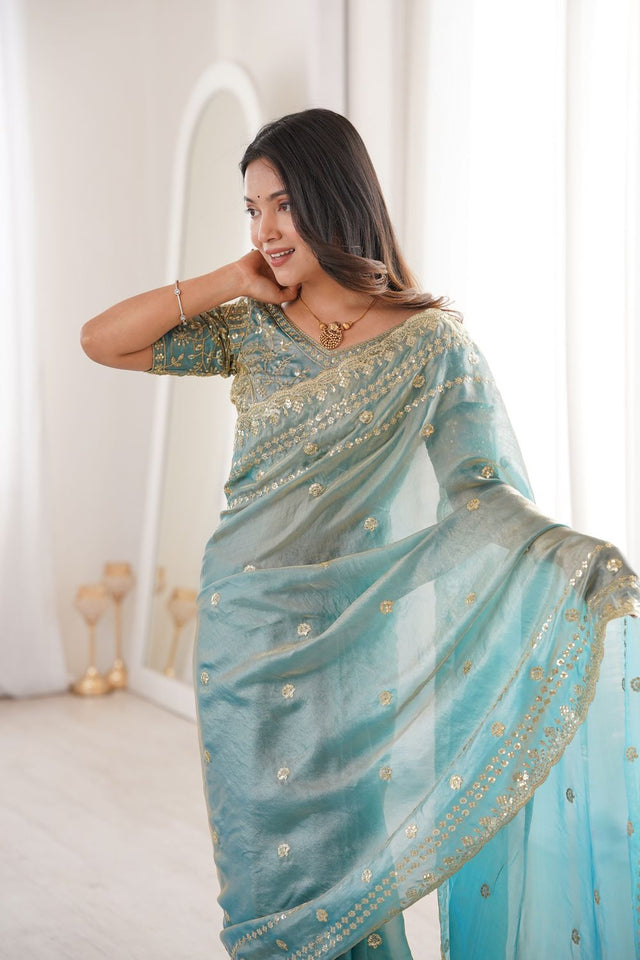 Blue Sequin With Floral Embroidered Saree (ACA7934)