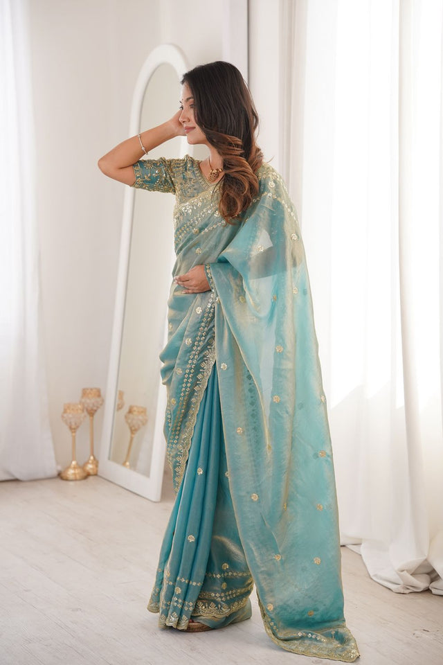 Blue Sequin With Floral Embroidered Saree (ACA7934)