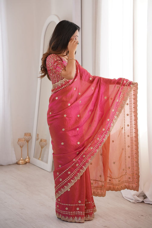 Red Sequin With Floral Embroidered Saree (ACA7935)