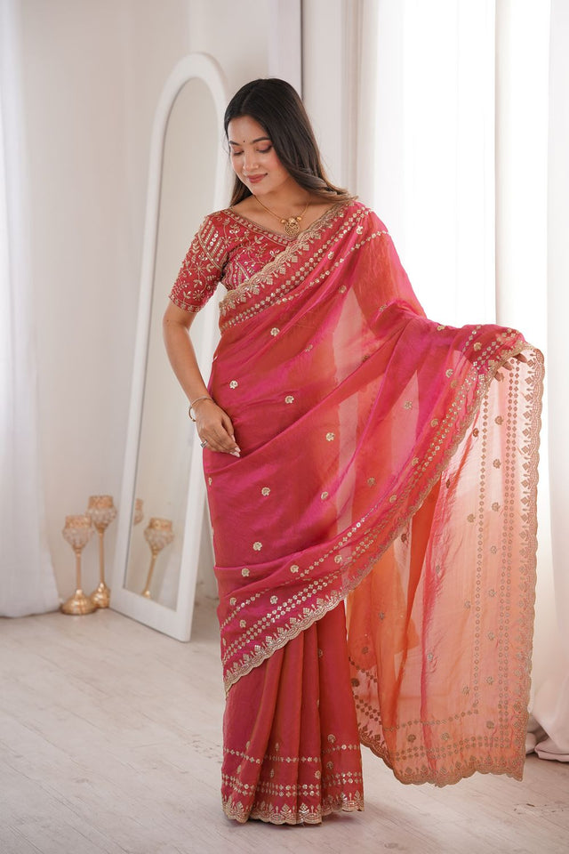 Red Sequin With Floral Embroidered Saree (ACA7935)