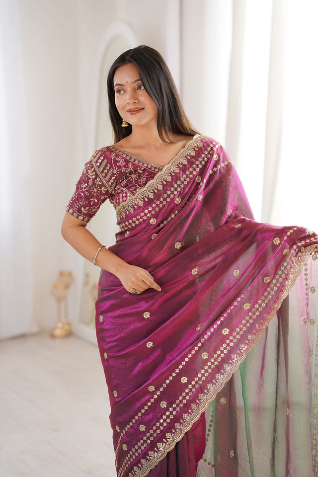 Wine Sequin With Floral Embroidered Saree (ACA7936)