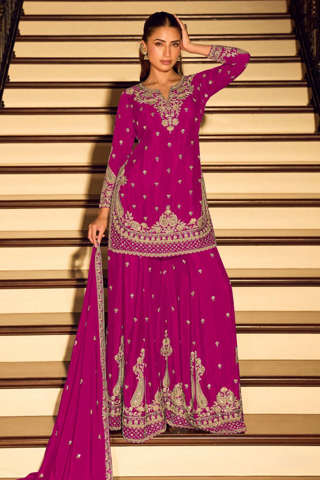 Free Size Stitched Magenta Sequin with Embroidered Chinon Palazzo Suit (ACA7956)