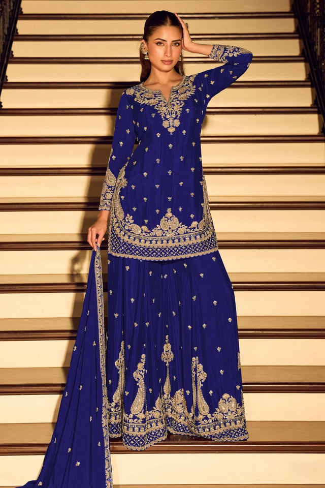 Free Size Stitched Blue Sequin with Embroidered Chinon Palazzo Suit (ACA7957)