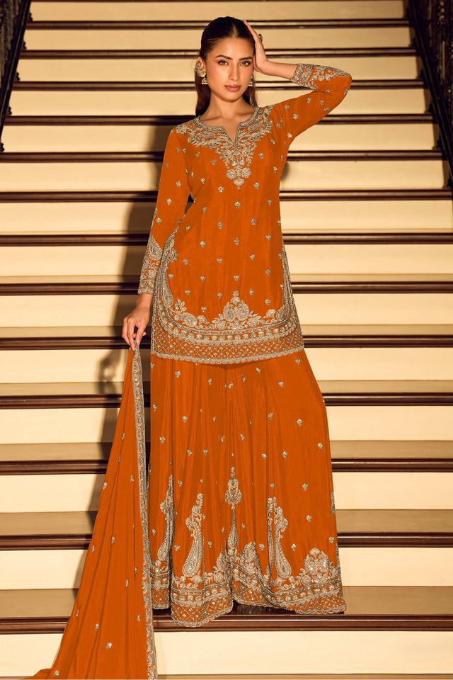 Free Size Stitched Orange Sequin with Embroidered Chinon Palazzo Suit (ACA7958)