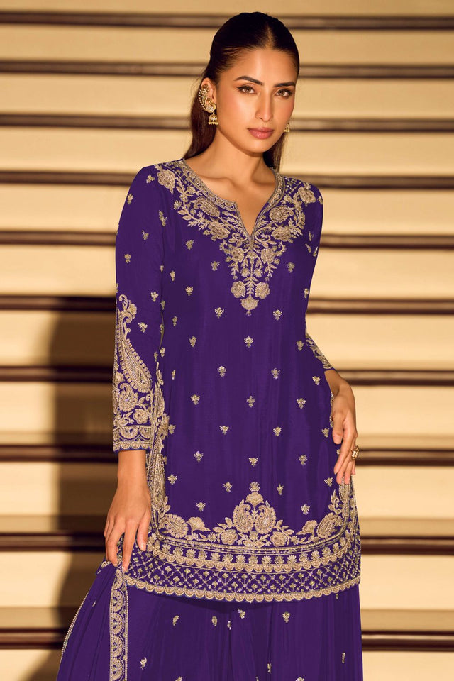 Free Size Stitched Violet Sequin with Embroidered Chinon Palazzo Suit (ACA7959)