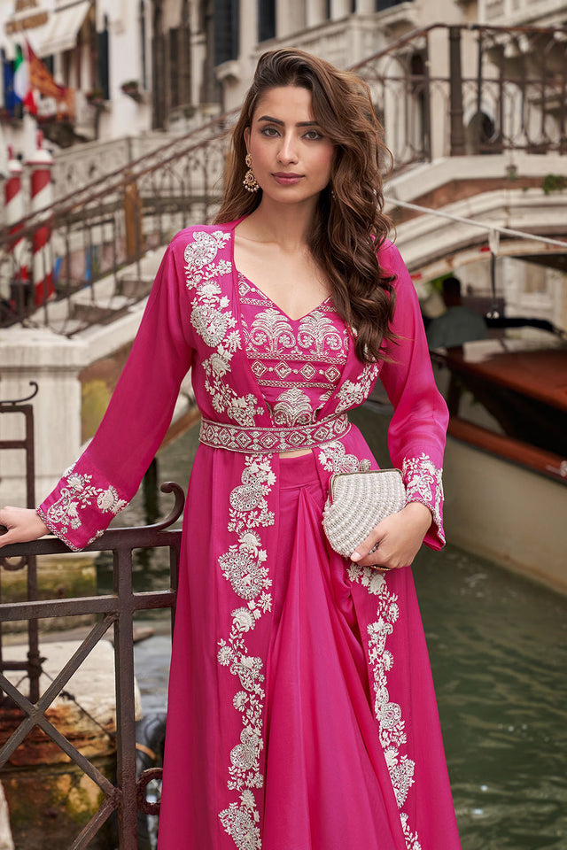 Free Size Stitched Pink Embroidered Chinon Co-Ord Set (ACA7972)