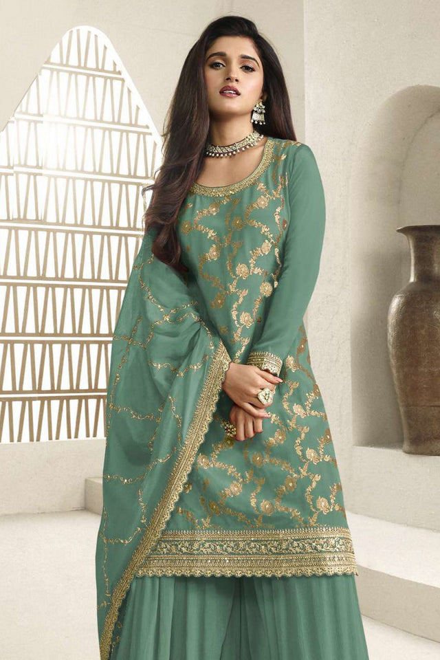 Free Size Stitched Blue Embroidered Chinon Sharara Suit (ACA7976)