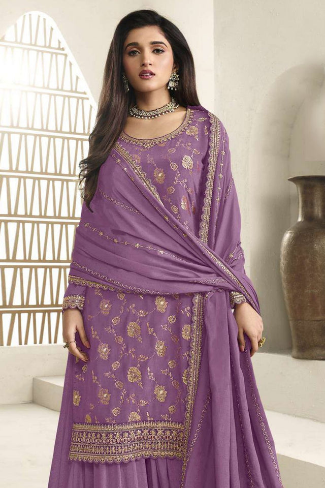 Free Size Stitched Lavender Embroidered Chinon Sharara Suit (ACA7977)