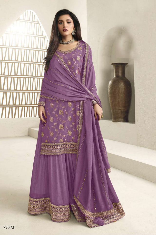Free Size Stitched Lavender Embroidered Chinon Sharara Suit (ACA7977)