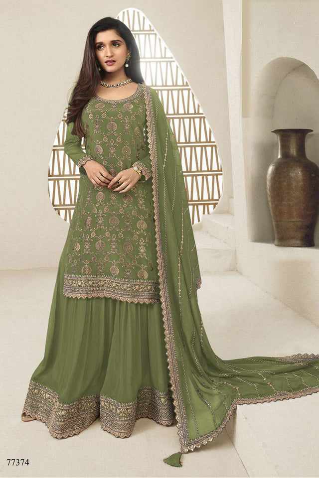 Free Size Stitched Lavender Embroidered Chinon Sharara Suit (ACA7978)