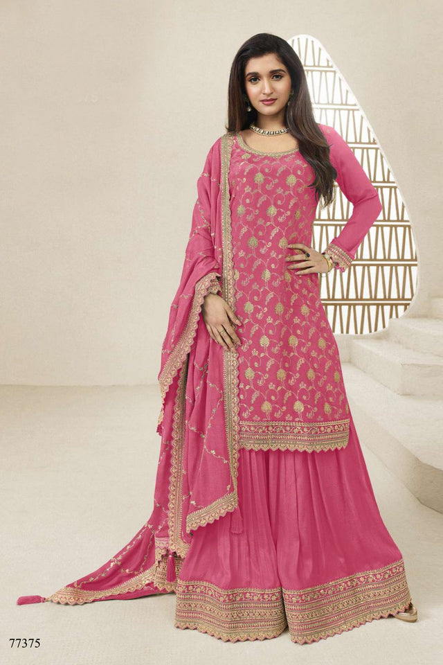 Free Size Stitched Pink Embroidered Chinon Sharara Suit (ACA7979)