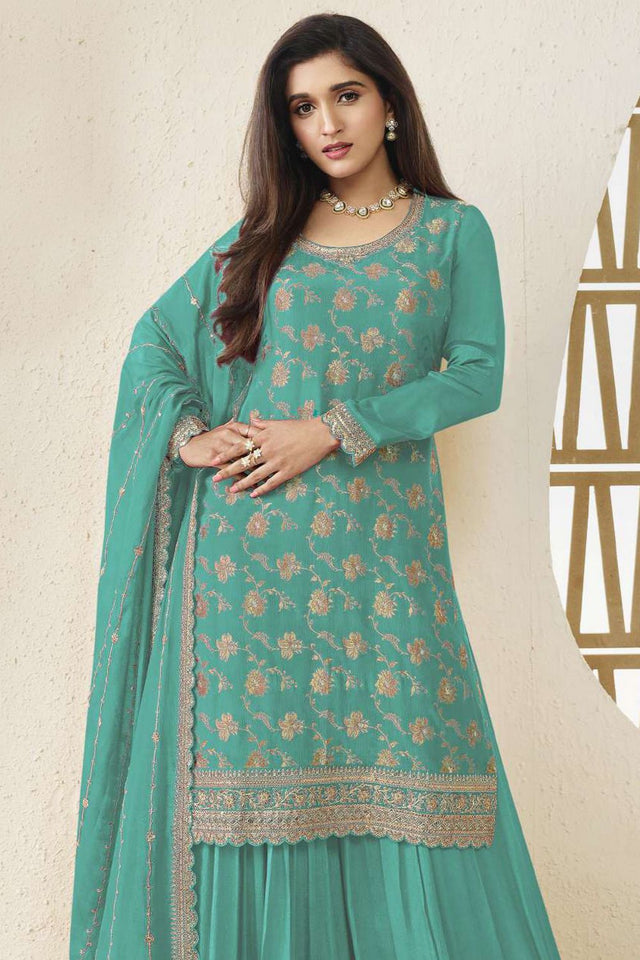 Free Size Stitched Turquoise Embroidered Chinon Sharara Suit (ACA7980)