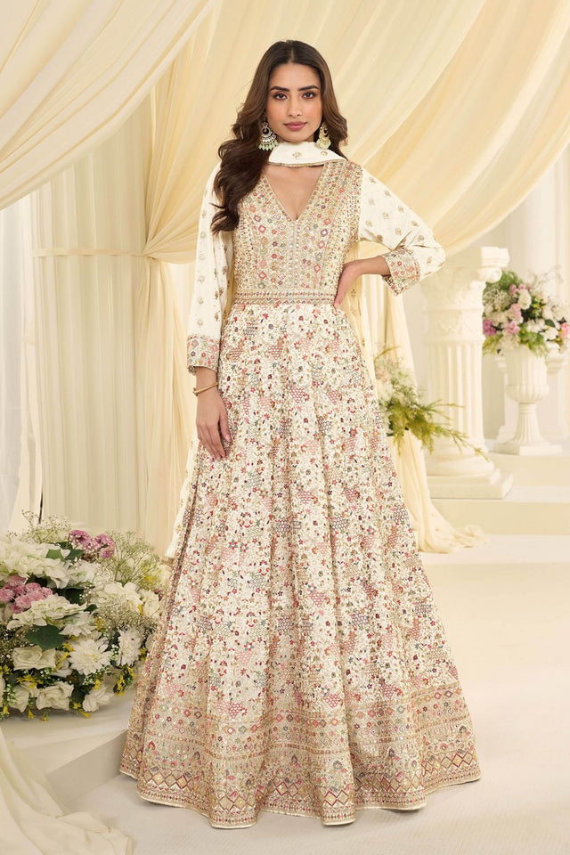 Free Size Stitched Off White Embroidered Georgette Gown (ACA7981)