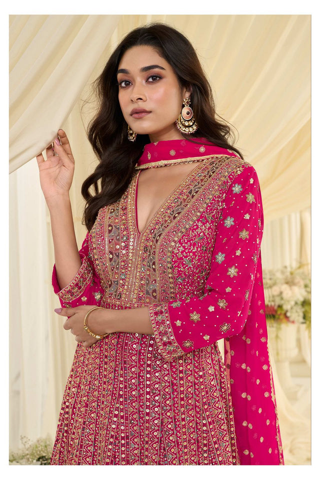 Free Size Stitched Pink Embroidered Georgette Gown (ACA7982)