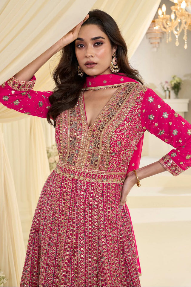 Free Size Stitched Pink Embroidered Georgette Gown (ACA7982)