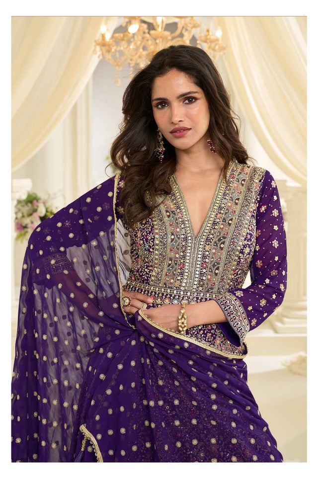 Free Size Stitched Violet Embroidered Georgette Gown (ACA7983)
