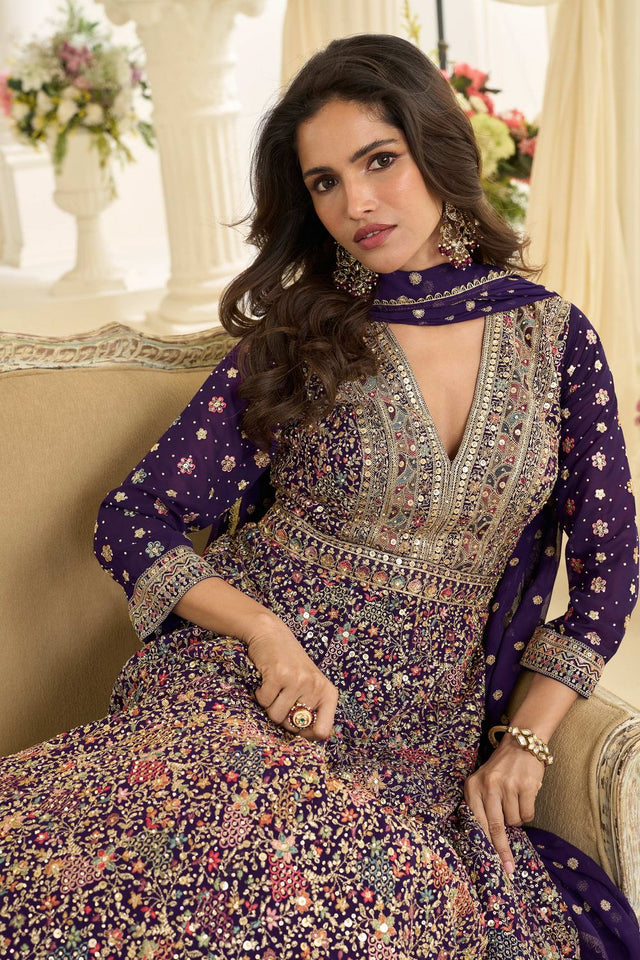 Free Size Stitched Violet Embroidered Georgette Gown (ACA7983)