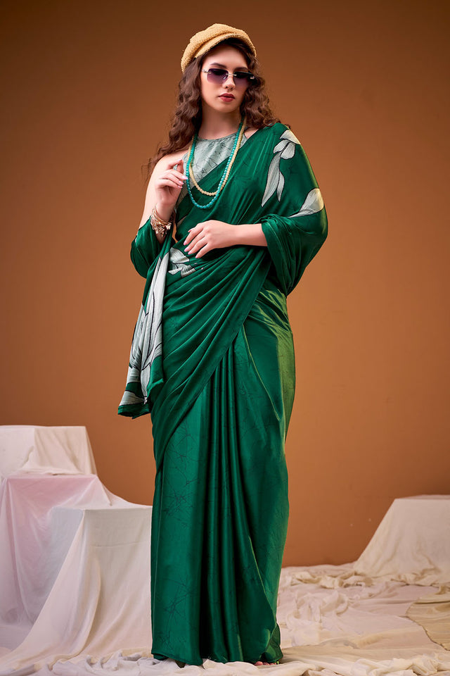 Green Floral Printed Satin Saree (ACA8000)