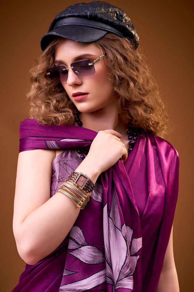 Purple Floral Printed Satin Saree (ACA8001)