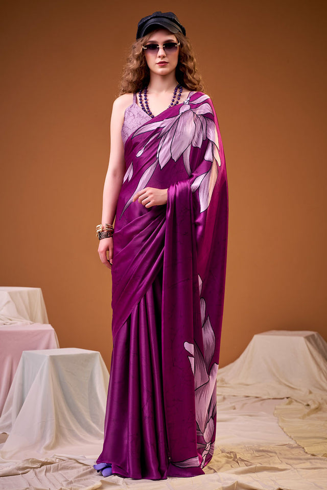 Purple Floral Printed Satin Saree (ACA8001)
