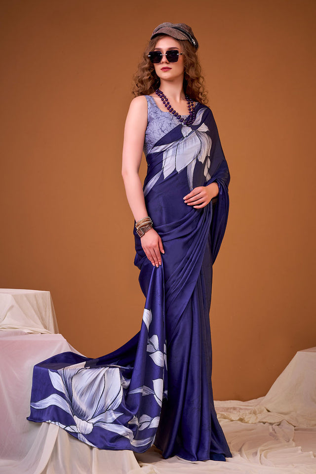 Blue Floral Printed Satin Saree (ACA8003)