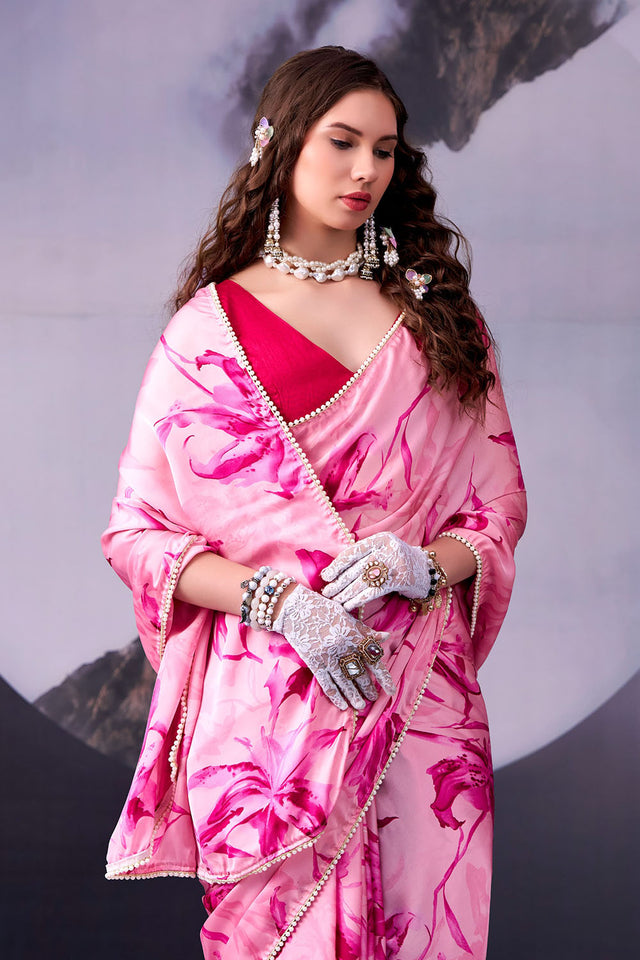 Pink Floral Printed Satin Saree (ACA8004)